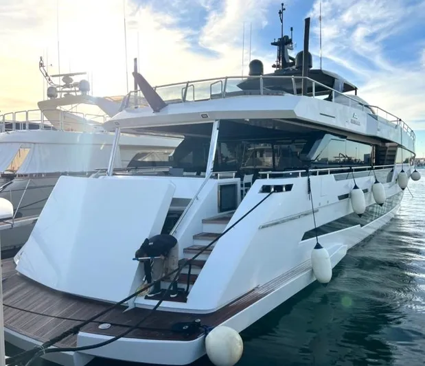 Armaar Yacht Photos Pics Luxury 2017 Astondoa AS100 Century yacht docked at marina under blue sky.