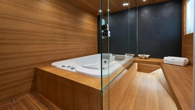Armaar Yacht Photos Pics Luxurious wooden spa bathroom on 2017 Astondoa AS100 Century yacht.