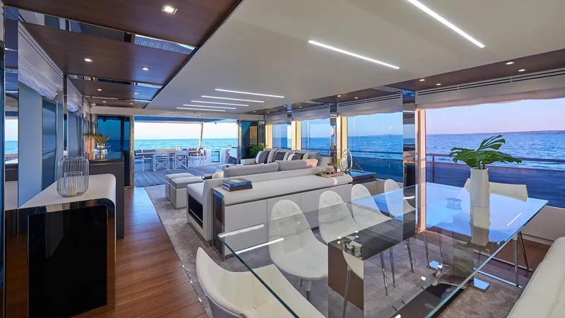 Armaar Yacht Photos Pics Luxurious interior of 2017 Astondoa AS100 Century yacht with ocean view and modern furnishings.