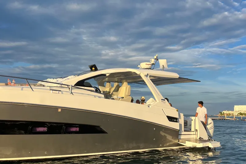 2017 Azimut Verve 40 @ Cancun Yacht Photos Pics 2017 Azimut Verve 40 yacht on water under a cloudy sky.