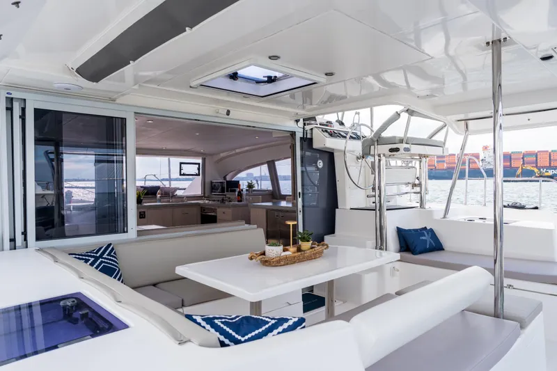 Everything Zen Yacht Photos Pics Luxurious 2017 Leopard 40 catamaran interior with modern seating and ocean view.