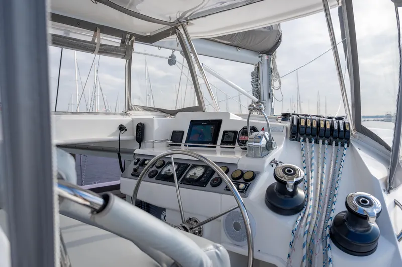 Everything Zen Yacht Photos Pics Helm of 2017 Leopard 40 catamaran with navigation equipment and control panels.