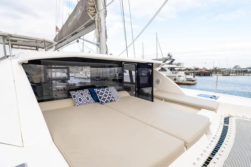Everything Zen Yacht Photos Pics Luxurious 2017 Leopard 40 catamaran with spacious deck and comfortable seating by the marina.