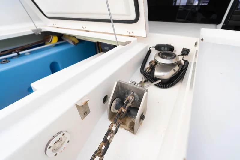 Everything Zen Yacht Photos Pics Anchor chain and winch on a 2017 Leopard 40 catamaran deck.