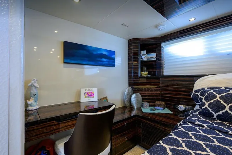  Yacht Photos Pics Luxurious 2014 Hampton Fly yacht interior with elegant wood finish and modern decor.
