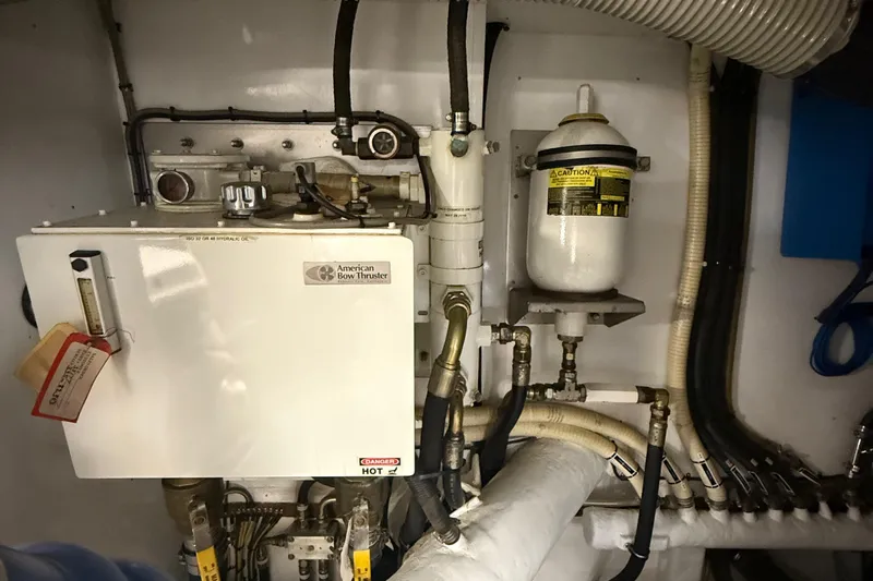  Yacht Photos Pics Engine room of a 2014 Hampton Fly, featuring American Bow Thruster system.