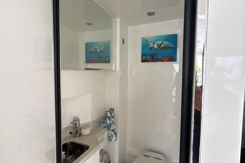  Yacht Photos Pics Compact bathroom in 2014 Hampton Fly yacht with sink, toilet, and turtle artwork.