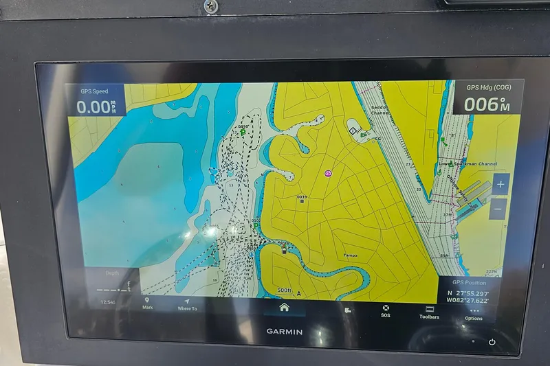  Yacht Photos Pics Garmin GPS display on 2021 Everglades 273 Center Console, showing nautical map and coordinates.