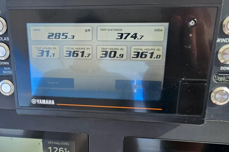  Yacht Photos Pics Yamaha display on 2021 Everglades 273 Center Console showing fuel and trip data.