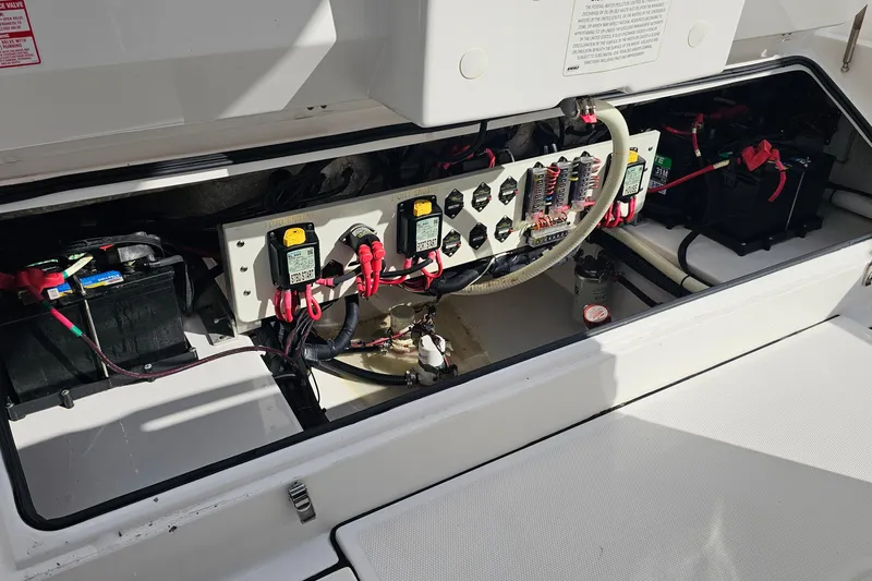  Yacht Photos Pics Electrical system of 2021 Everglades 273 Center Console boat, showing batteries and wiring.