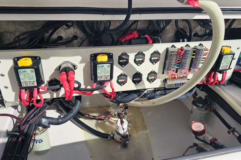  Yacht Photos Pics Electrical panel of 2021 Everglades 273 Center Console boat with wiring and circuit breakers.