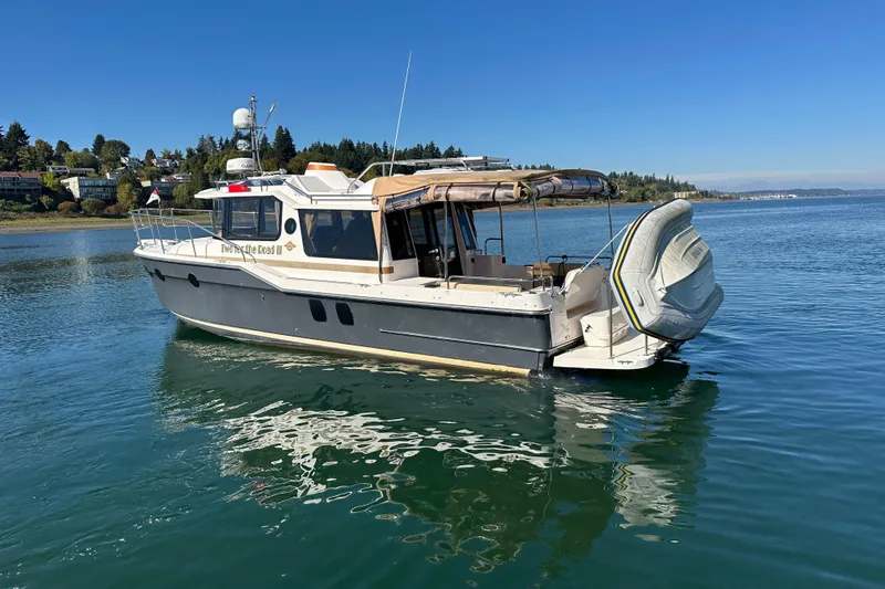 Two For The Road II Yacht Photos Pics 2020 Ranger Tugs R-29 boat on calm water, clear sky, scenic background.