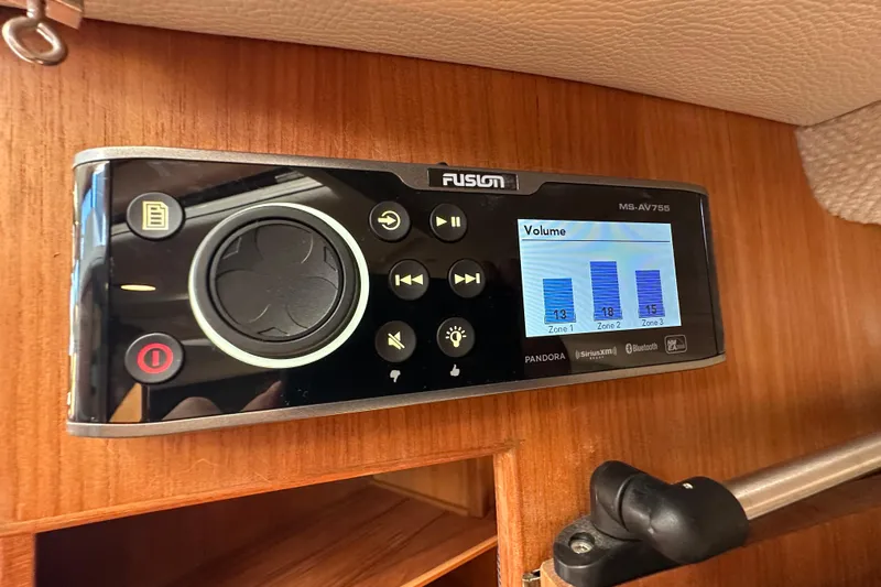 Two For The Road II Yacht Photos Pics Fusion MS-AV755 audio system in 2020 Ranger Tugs R-29 boat interior.