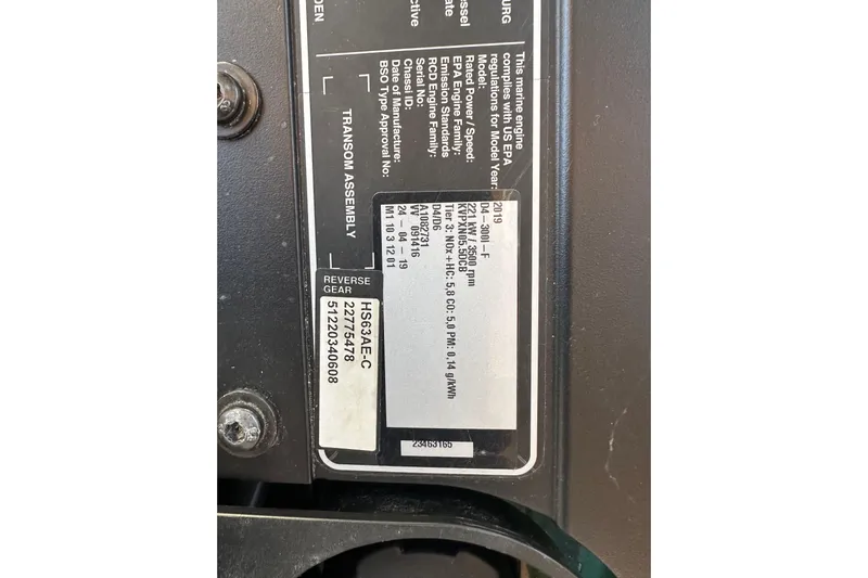 Two For The Road II Yacht Photos Pics Label on Ranger Tugs R-29, 2020 model, showing engine specifications and compliance details.