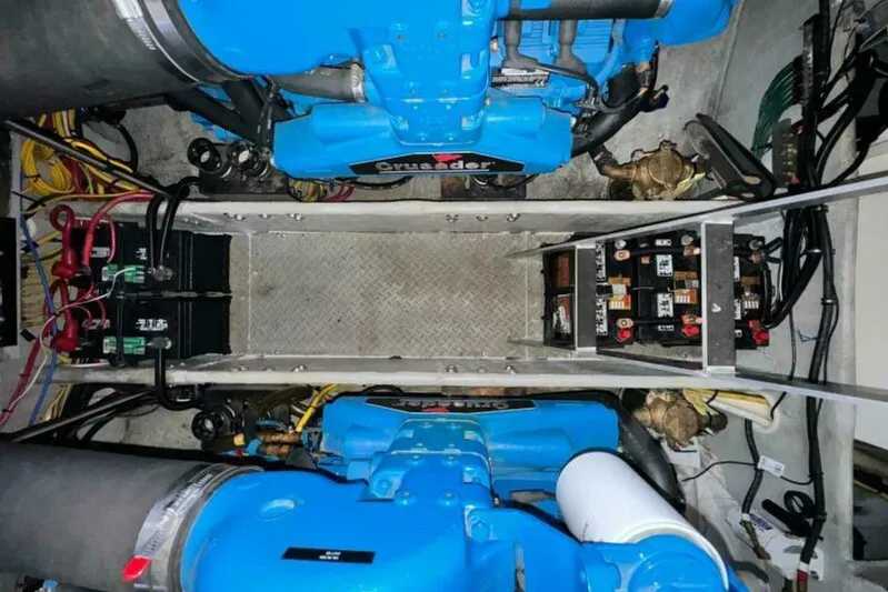  Yacht Photos Pics Engine room of a 2004 Silverton 35 Motor Yacht with blue Crusader engines.