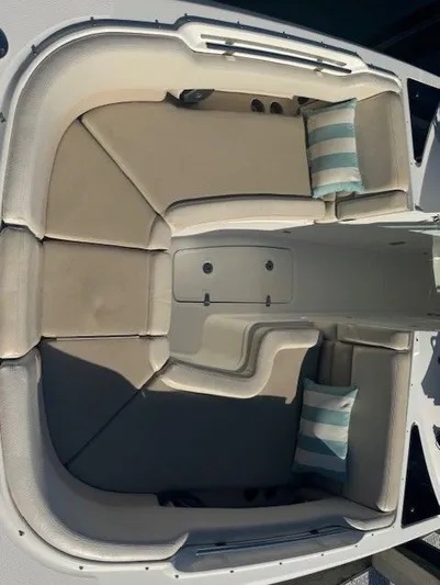  Yacht Photos Pics Interior of a 2016 Boston Whaler 320 Vantage boat with cushions.