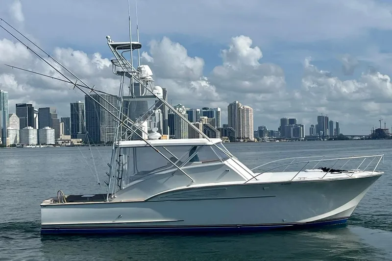  Yacht Photos Pics 1993 Buddy Davis 38 Express yacht on water with city skyline backdrop.