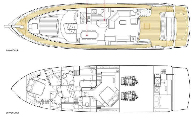 La Chaparrita Yacht Photos Pics Floor plan of 2011 Sunseeker Manhattan 70 yacht, main and lower decks.