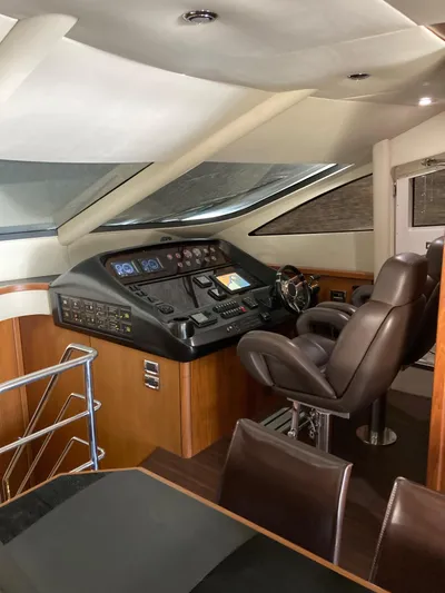La Chaparrita Yacht Photos Pics 2011 Sunseeker Manhattan 70 yacht helm station with modern controls and leather seating.