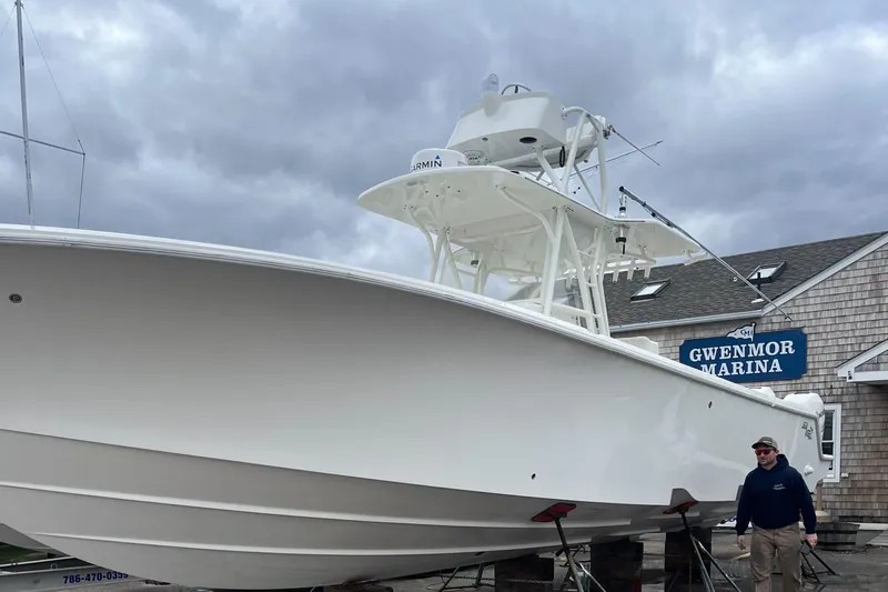  Yacht Photos Pics 2016 SeaVee 390Z boat at Gwenmor Marina under cloudy skies.