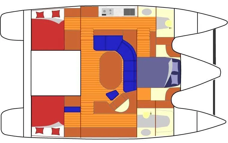 Osina Yacht Photos Pics Floor plan of a 2000 Privilege 37 catamaran with cabins and living area layout.