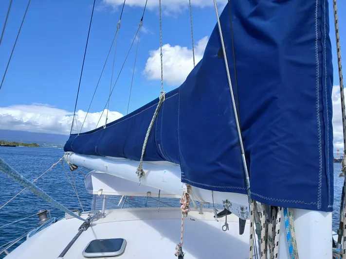Osina Yacht Photos Pics Sailboat Privilege 37, 2000 model, with blue sail cover on calm water.