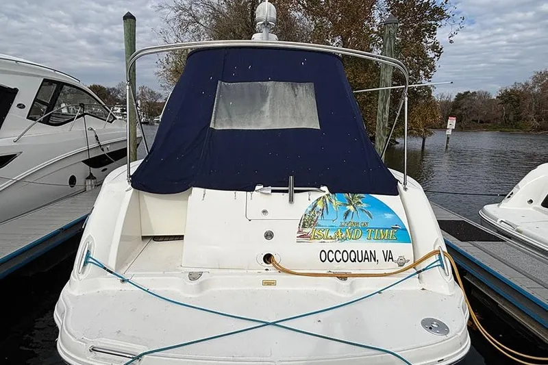  Yacht Photos Pics 2005 Sea Ray 340 Sundancer docked, featuring "Island Time" sign, Occoquan, VA.