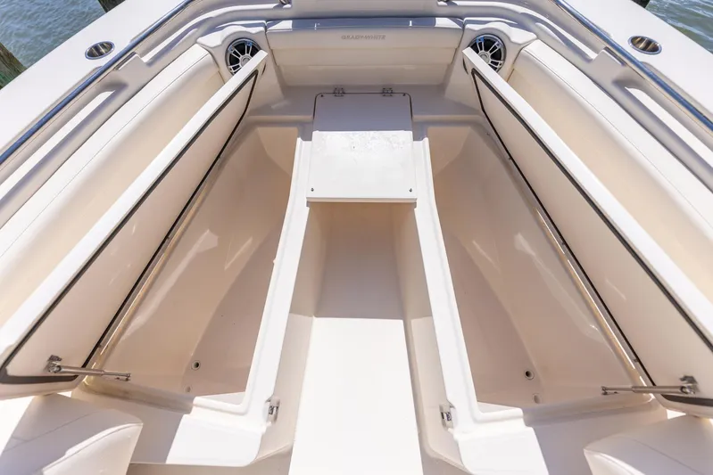 Yacht Photos Pics 2022 Grady-White Canyon 336 boat interior with open storage compartments.