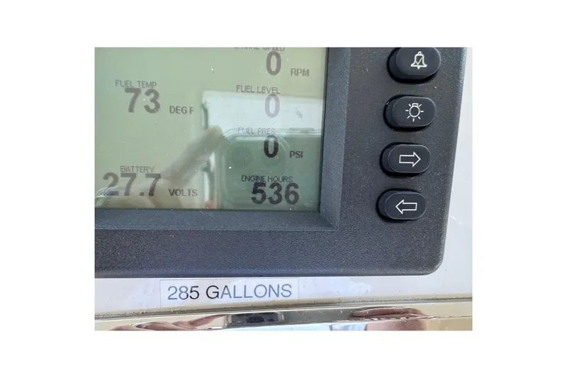 Regalo Yacht Photos Pics Display panel of 2013 Cabo 44 Hardtop Express showing engine hours and fuel data.
