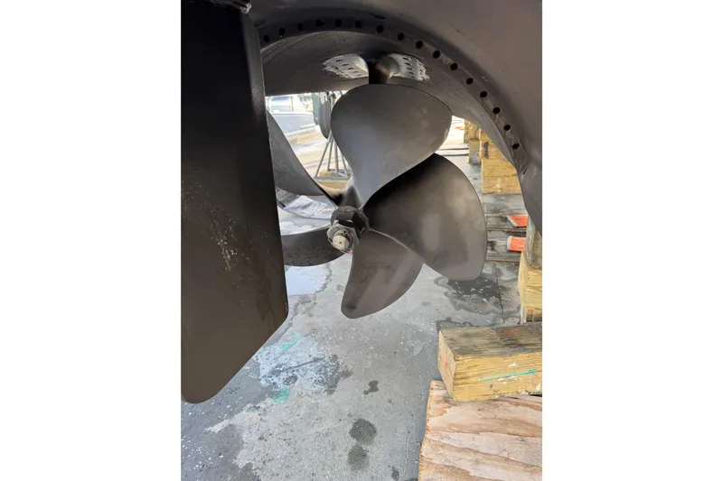 Regalo Yacht Photos Pics Propeller of 2013 Cabo 44 Hardtop Express boat on dry dock.