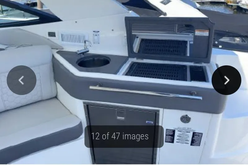  Yacht Photos Pics 2020 Sea Ray Sundancer 320 boat interior with grill, sink, and seating area.