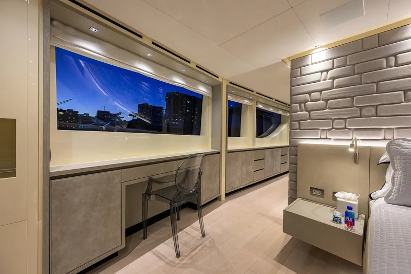 Phoenix Yacht Photos Pics Luxurious interior of 2019 Sanlorenzo SD112 yacht with modern design and city view.