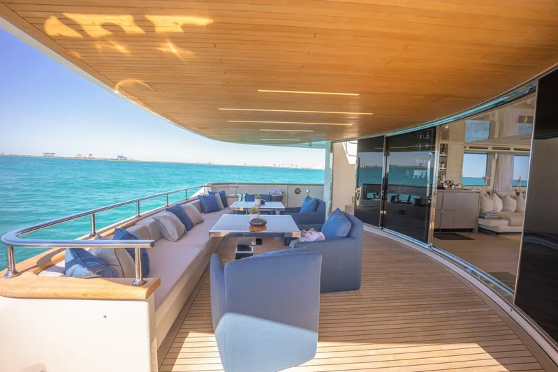 Phoenix Yacht Photos Pics Luxurious 2019 Sanlorenzo SD112 yacht deck with elegant seating and ocean view.