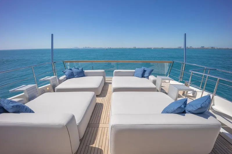 Phoenix Yacht Photos Pics Luxurious 2019 Sanlorenzo SD112 yacht deck with plush seating, overlooking serene ocean views.
