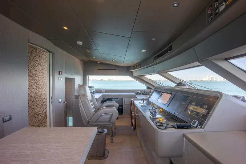 Phoenix Yacht Photos Pics Pilothouse of 2019 Sanlorenzo SD112 yacht with modern navigation equipment and panoramic windows.