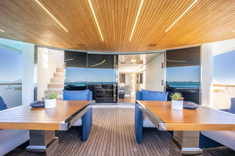 Phoenix Yacht Photos Pics Luxurious 2019 Sanlorenzo SD112 yacht deck with wooden tables and plush seating.