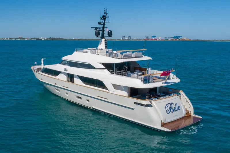 Phoenix Yacht Photos Pics Luxurious 2019 Sanlorenzo SD112 yacht cruising on clear blue waters.