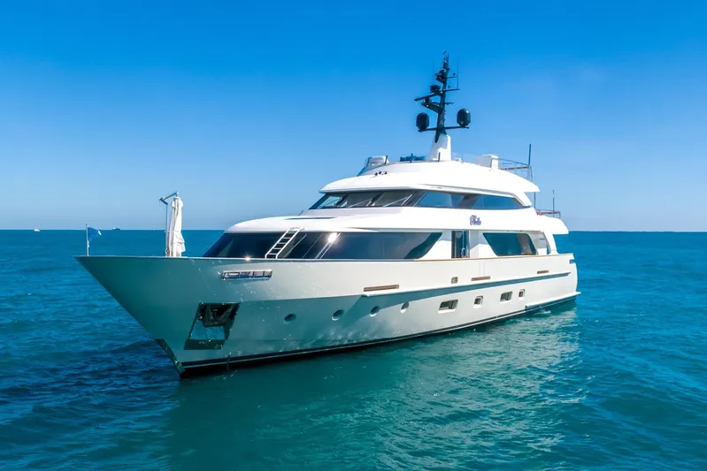 Phoenix Yacht Photos Pics Luxurious 2019 Sanlorenzo SD112 yacht cruising on clear blue ocean waters.