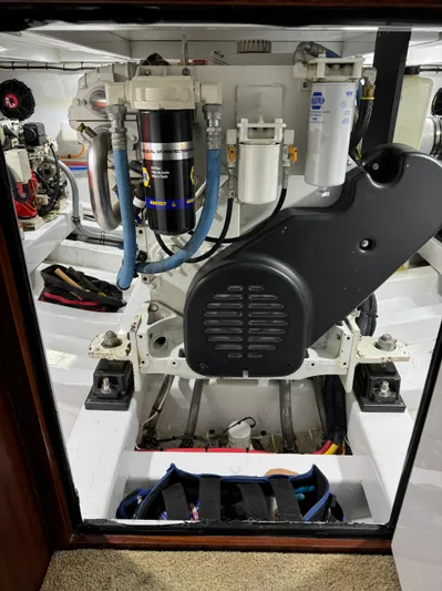 Thunder Yacht Photos Pics Engine room of 1962 Custom Carolina 36 Warren O'Neal boat, showcasing mechanical components.