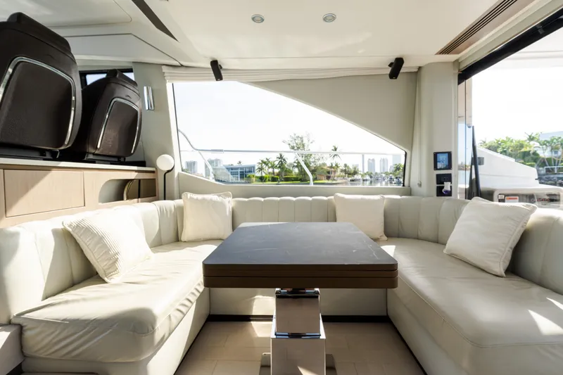 Andromeda Yacht Photos Pics Luxurious interior of 2023 Azimut Fly 50 yacht with elegant seating and modern design.