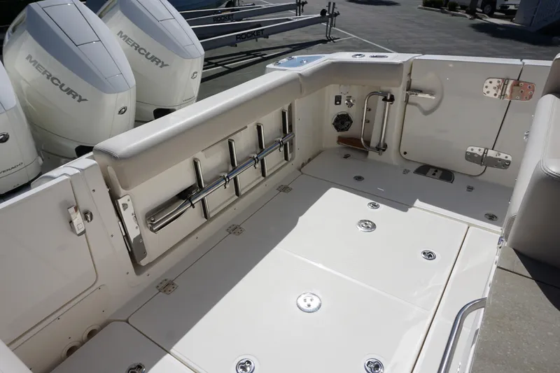 Bwce0015f324 Yacht Photos Pics 2024 Boston Whaler 350 Realm boat deck with Mercury outboard engines.