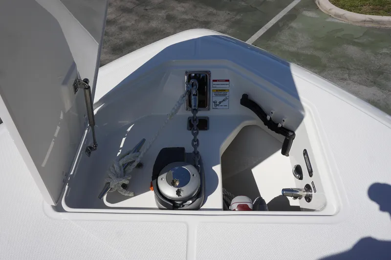 Bwce0015f324 Yacht Photos Pics 2024 Boston Whaler 350 Realm anchor locker with windlass and chain.