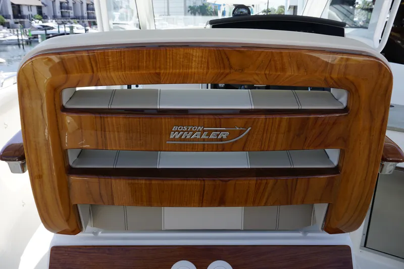 Bwce0015f324 Yacht Photos Pics 2024 Boston Whaler 350 Realm boat interior with wooden accents.