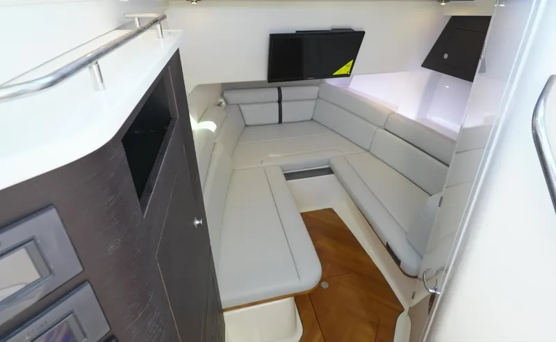 Bwce0015f324 Yacht Photos Pics Interior of 2024 Boston Whaler 350 Realm, featuring modern seating and sleek design.