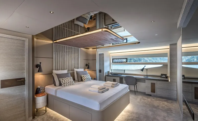 Numarine 26xp-29 Yacht Photos Pics Luxurious bedroom interior of 2025 Numarine 26XP Hull #29 yacht, featuring modern design and natural light.