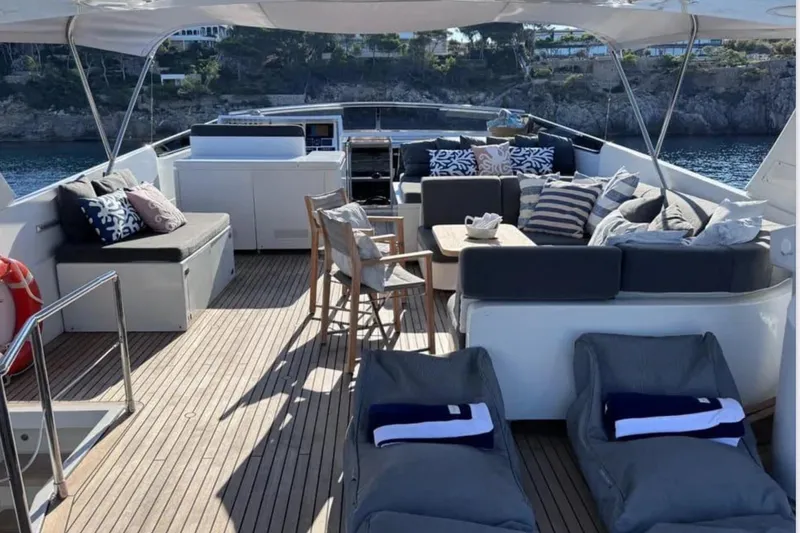 Blue Moon Yacht Photos Pics Luxurious 2000 Sanlorenzo SL88 yacht deck with elegant seating and scenic ocean view.