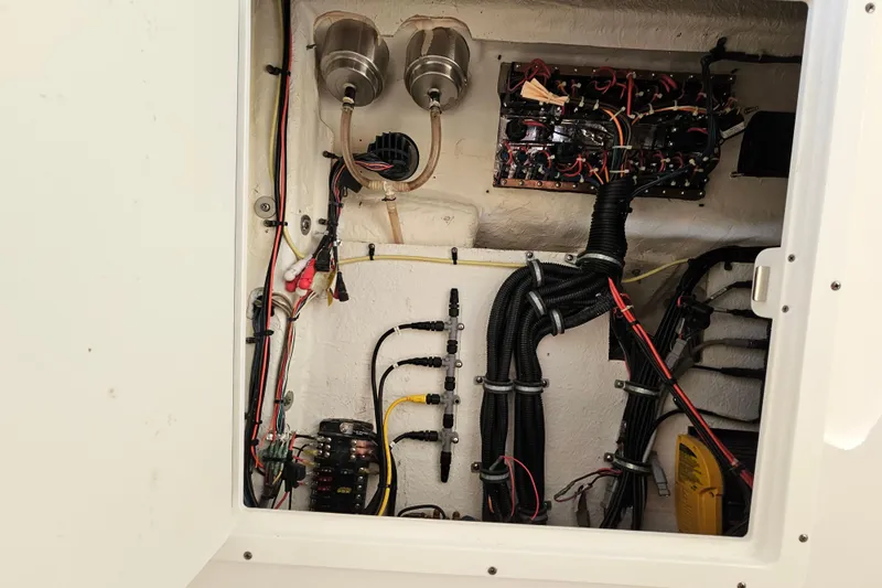  Yacht Photos Pics Electrical wiring and components inside a 2018 Tidewater 320 CC Adventure boat.