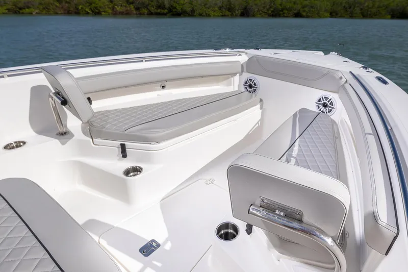  Yacht Photos Pics Manufacturer Provided Image: 2025 Pursuit S 248 Sport boat interior with cushioned seating and cup holders.