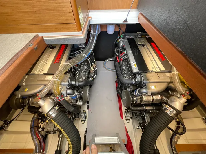  Yacht Photos Pics Engine room of 2024 Beneteau Swift Trawler 41 Fly, showcasing dual engines.