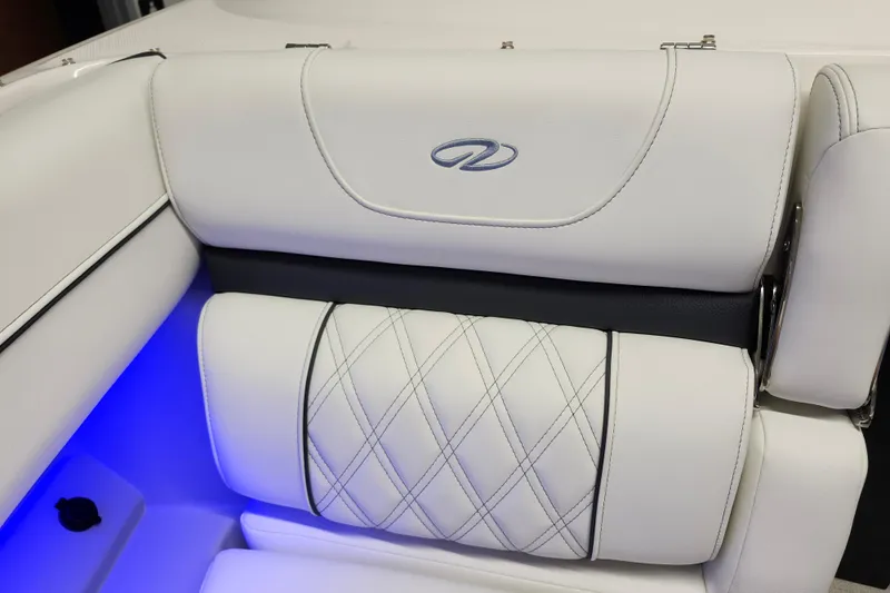  Yacht Photos Pics Luxurious white seating in 2025 Regal LX4 boat with blue ambient lighting.